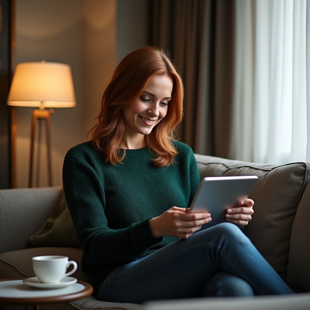Persoană care parcurge materiale de curs pe tabletă într-un mediu confortabil