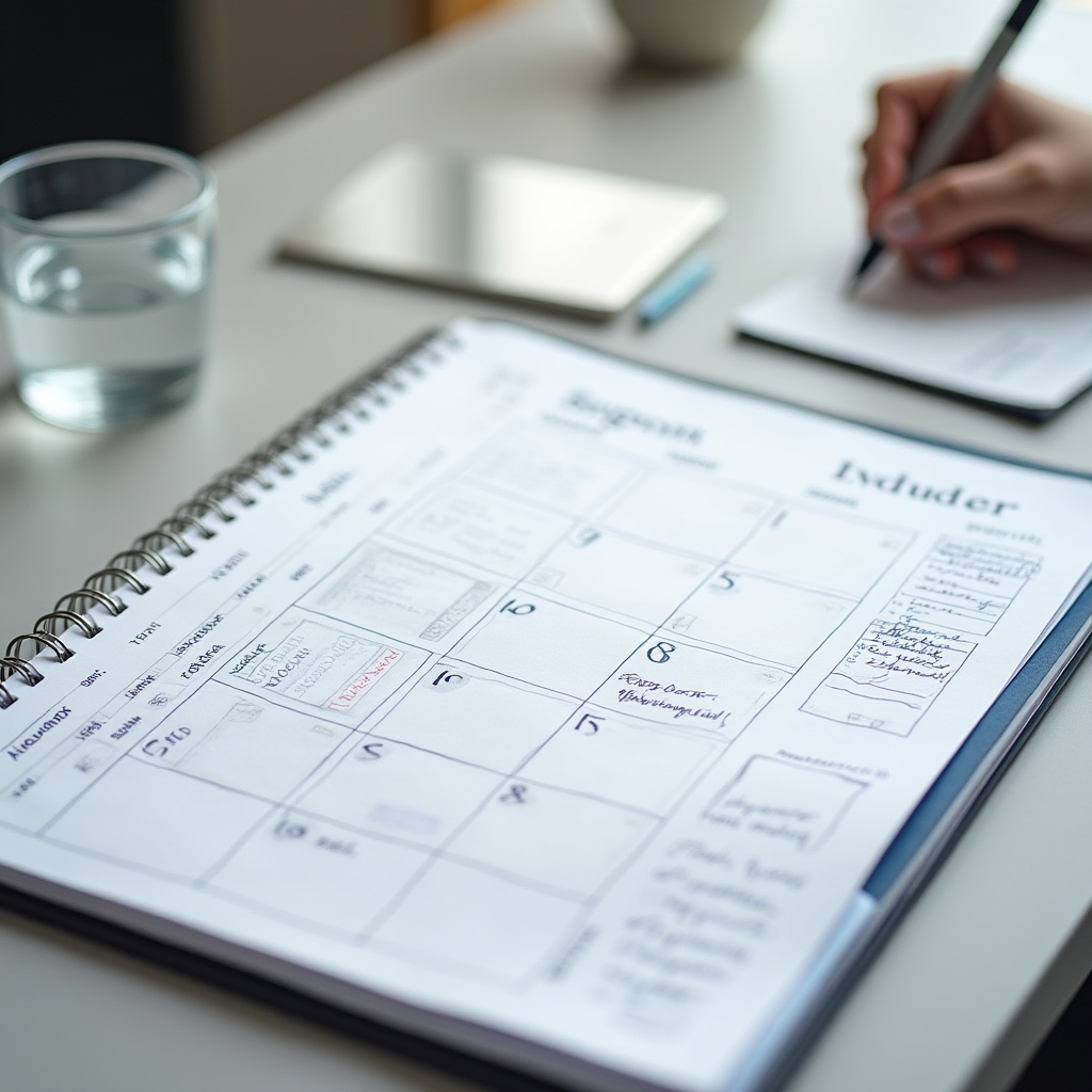 Calendar săptămânal deschis cu notițe de planificare și organizare financiară