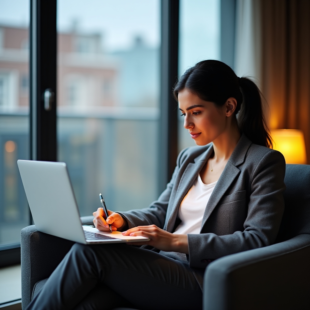 Persoană care urmărește un curs online pe laptop într-un mediu confortabil de lucru